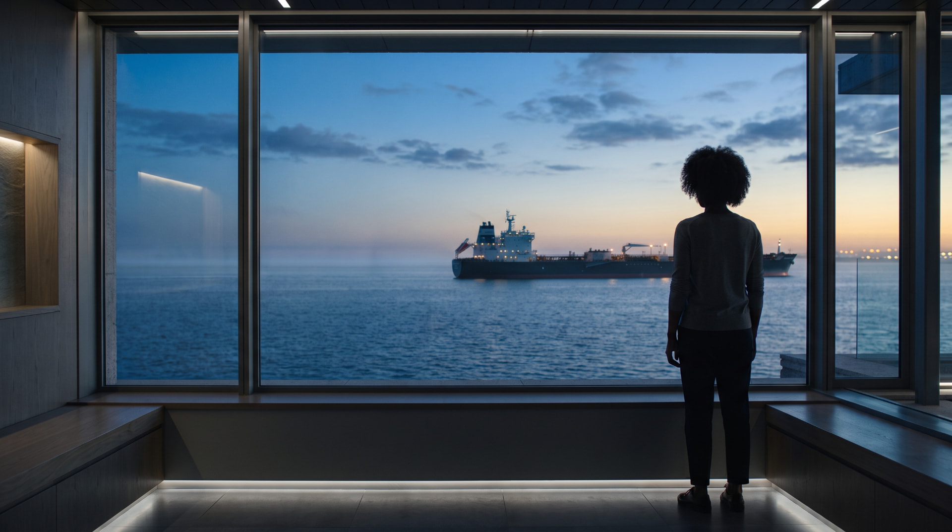 A person silhouetted against a large window overlooking a modern oil tanker on calm seas at dusk